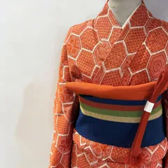 朱色に白の亀甲絣文様 上質な紬 【A】