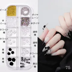 75　ネイルパーツセット　デコパーツ　ケース付き　ブラックホワイト　椿　蝶　12種類