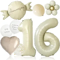 【新品】 deerzon くすみホワイト 16歳 くすみカラー 数字 バルーン 誕生日 飾り付け 10点 セット 大きい 65cm くすみ ニュアンスカラー ナンバーバルーン バースデー 0