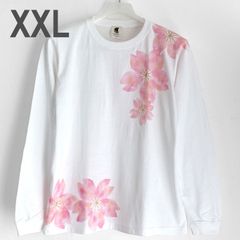 舞桜柄Tシャツ XXL ホワイト 手描き長袖Tシャツ 袖リブ付き ロンT 花柄