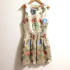 良品 alice + olivia アリスオリビア サテン フラワー刺繍 ノースリーブ ミニドレス ワンピース サイズ2 ベージュ レディース 古着 中古 USED