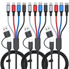 【即日発送】A/C充電コード ユニバーサルUSB IP/Type 複数の電話充電ケーブル 編組 C/Micro マルチ充電ケーブル 3A USBポート2個付き マルチUSBケーブル 6フィート 携帯電話/タブレット用 3本パック 6イン1マルチ充電ケーブル