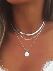 ジュエリー レディース ネックレス レイヤード フラットなヘビ型チェーンと丸形ディスク 3層 女性用ネックレス（ビーズ数はランダム、長さは固定）
