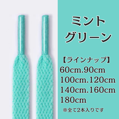 No.9　ミントグリーン　緑　シューレース　靴紐　靴ひも　くつひも　平紐　60cm/90cm/100cm/120cm/140cm/160cm/180cm　8mm幅　高品質　37カラーラインナップ　運動靴　スニーカー　レディース　メンズ