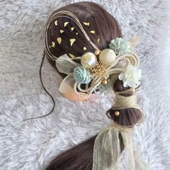 ヘッドドレス 髪飾り＊結婚式 成人式 卒業式 和装 打掛 振袖 袴~ボリューム多め リボン パール 和玉 ロープ 水引 金箔~グレー 灰色 17本