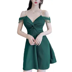 [Takusan Shopping] フレアドレス パール ミニドレス キャバ オフショルダー 胸元セクシー ミニワンピース ミニタイト 肩紐 カシュクール (JP, アルファベット, M, グリーン) [グリーン] [M]