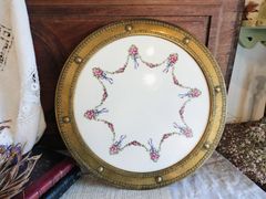 フランス アンティーク　大きいい　リボン柄　陶器　プレート　真鍮