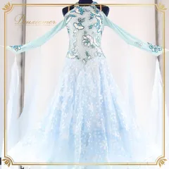 社交ダンス 衣装 スタンダード ドレス スタンダードドレス ワンピース ワンピース デモ 競技 パーティ 発表会 フロート 水色 花 ブルー系 明るい 水色 花柄 ふんわり スカート Mサイズ 競技用 衣装 デザイン レディース おしゃれ ステージ衣装 デモ用