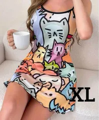 【新品】【XL】大きめ・レディース 漫画プリントフリルトリムラウンジドレス