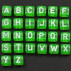 A～Z 各1個 計26個 グリーン白字 アルファベット プラビーズ６ｍｍキューブ