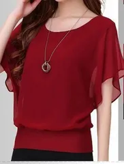 【レッド★Lサイズ】無地 シフォンブラウス ラウンドネック フリル カジュアル