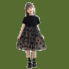 【特価商品】[Yolrky] キッズ ワンピース 半袖 フォーマル チュールドレス 花柄 黒 子供 ドレス 発表会 冠婚葬祭