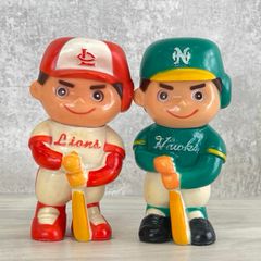 太陽神戸銀行 ソフビ 貯金箱 2点セット【中古】ホークス ライオンズ モチーフ 野球少年 高さ約11cm /600126