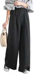Four leaf ワイドパンツ レディース 春夏 ガウチョパンツ ウエストゴム 大きいサイズ(ブラック,  XL)