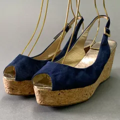 7d16 JIMMY CHOO ジミーチュウ ウェッジコルクソール スエードサンダル 38 ネイビー レザー シューズ イタリア製 夏