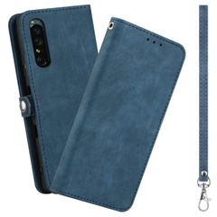 【在庫処分】KANVOOS Xperia 1 IV ケース 手帳型 ストラップ付き SO-51C SOG06 手帳型 ケース カード収納 スタンド機能 スマホケース PUレザー 耐衝撃 全面保護 カバー (ブルー)
