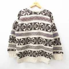 M/古着 長袖 セーター メンズ 90s 雪柄 手織り ハンドメイド ウール クルーネック ベージュ他 カーキ 24oct10 中古 ニット トップス