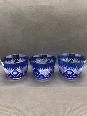 江戸切子　青系　ロックグラス　コップ　冷茶コップ　3点セット　酒器