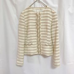 美品 COMME CA ISM コムサイズム レディース ジャケット M ノーカラー ツイード アイボリー ベージュ ブラウン ボーダー ゴールド ラメ フリンジ  キレイめ フォーマル お仕事着