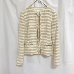 美品 COMME CA ISM コムサイズム レディース ジャケット M ノーカラー ツイード アイボリー ベージュ ブラウン ボーダー ゴールド ラメ フリンジ  キレイめ フォーマル お仕事着