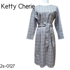 ケティシェリー ロングワンピース リボンベルト スリット チェック柄 長袖 M