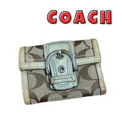 コーチ　三つ折り財布　折りたたみ財布　総柄　シグネチャー　ブラウン　二つ折り財布