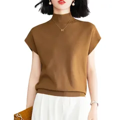 [Kanpari] フレンチスリーブ Tシャツ レディース ノースリーブ キャミソール サマーニット タンクトップ 半袖 ニットセーター ハイネック トップス インナー カットソー ｔシャツ 袖なし ゆったり [ブラウン] [Free Size]