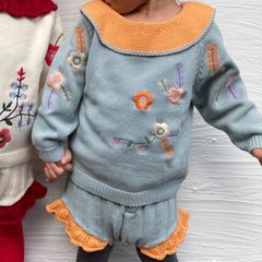 【新品未使用】キッズ　ベビー　セットアップ　ニット　刺繍　花柄　73cm 80cm 90cm