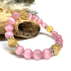 キャッツアイ(ピンク)×ファントムシトリン パワーストーン ブレスレット  (シルバー) メンズ・レディース　男性・女性　数珠ブレス 開運 [23]