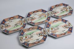 828 色絵　花　鳳凰　古伊万里　伊万里焼　骨董　アンティーク　変形皿　角皿　5客セット