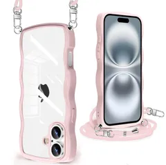 【数量限定】波状フレーム かわいい 人気 カバー 耐衝撃 用 透明 用 iPhone16 Plus Plus Plus 用 16 16 スマホケース アイフォン 首かけ ストラップ付き 肩掛け ショルダー 薄型 クリア 軽量 ケース QIワイヤレス充電対応（ピ