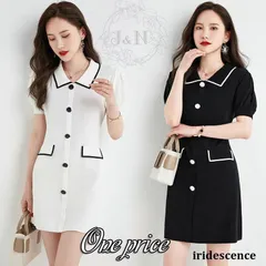 ワンピース レディース 夏 ニット 半袖 ミニ丈 Aライン キレイめ おしゃれ ホワイト ブラック デート パフスリーブ パーティー 発表会 音楽会 演奏会 OL
