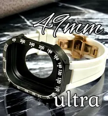 ブラックホワイト★Dバックルローズ★アップルウォッチ　ウルトラ　49mm メタル　カバー　ケース　Apple Watch ultra 専用　49ミリ　ラバー　バンド　ベルト