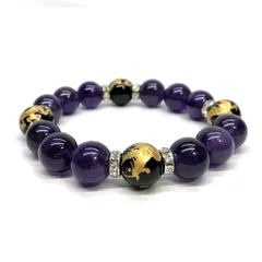 12mm 四神獣金彫オニキス×アメジスト パワーストーン ブレスレット天然石 運気上昇 開運 恋愛運 お守り 青龍 白虎 玄武 朱雀 2月誕生石 （シルバー）メンズ・レディース 男性・女性 数珠ブレス 開運 ■