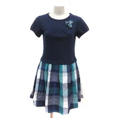 クミキョク 組曲 KUMIKYOKU ワンピース ひざ丈 切替 チェック 花モチーフ 半袖 TL 紺 ネイビー 緑 グリーン 白 ホワイト /MS