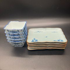 ★未使用品★陶器小鉢 花 青 (四角) 焼き物皿 盛り付け皿 ５個ずつ 10点セット★