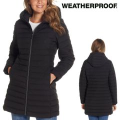 新品 M ★ コストコ Weatherproof ウェザープルーフ レディース ストレッチ 中綿 ジャケット ブラック 黒 キルティング コート フード取り外し可能フード付き 撥水 防風 防寒 伸縮 パーカー キルティング アウター ブルゾン コート 女性用
