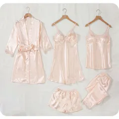 ☆ ピンクベージュ ☆ Lサイズ ☆ ルームウェア ５点セット lyrw187 ルームウェア レディース おしゃれ パジャマ 部屋着 ナイトウェア ネグリジェ ５点セット 上下セット レース 花 ウエストゴム パッド付き 光沢感 ショートパンツ パンツ