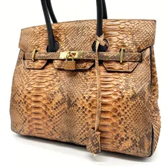 【良品】 HIGH CLASS ハイクラス トートバッグ ハンドバッグ フラップ ターンロック ゴールド金具 A4収納 大容量 カデナ 南京錠 パイソンレザー レディース ブラウン 茶色 ブラック 黒色