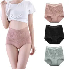 【在庫処分】[FEISEDY] 綿95% 純綿 レースハイウエストショーツ 3枚セット セクシー シームレス スタイルアップ 補正下着 ヒップアップ おなかコントロール パンティ 高通気性と伸縮性 抗菌 パンツ 女性美形 ハイライズ 蒸れない コットン100%