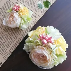 【親子コサージュ♪】ラナンキュラスのコサージュ(イエロー)　親子セット　造花