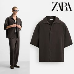 美品 ZARA リネン セットアップ ブラウンモール シャツ パンツ 春夏