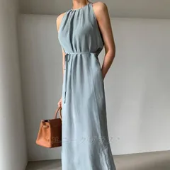 ワンピース レディース ノースリーブ ロング丈 ミモレ丈 春夏 無地 ウエスト リボンリゾート ワンピースギャザータック ホルターネック ノースリーブ ワンピース シンプル かわいいきれいめスandong01 ☆DZ10