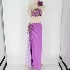 【ベリーダンス用 オリエンタル衣装】パープル Asi Haskal スパンコールラメ 花柄コスチューム 紫 鮮やか レース フリル 緑