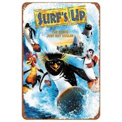 【798】新品 レトロ ブリキ看板 ★ Surf's Up ★ サーフズアップ ペンギン サーファー サーフィン アニメーション 映画 アメリカン雑貨 ガレージ フェンス ヴィンテージ プレート