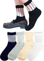 Chica Hurra レディース シースルー ソックス 靴下 ストライプ柄 クルー丈 シアー お任せ 2足2色セット 女性 可愛い 透け感あり 綿 メッシュ 薄い 大人 ギフト ぬげない 蒸れない かっこいい(C-4色,  23-25CM)