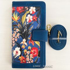 iPhone 16e スマホ ケース 手帳型 レザー調 ショルダー 肩掛け 紐付き ネイビー 紺色 紺 植物 花柄 フラワー
