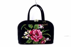 【218191】FEILER フェイラー  パイル 花柄 ミニボストン ハンドバッグ ブラック