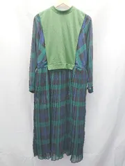 ◇ Diosfront ディオスフロント チェック柄 シアー プリーツ 長袖 ロング ワンピース サイズM グリーン系 レディース E  【1302060033530】