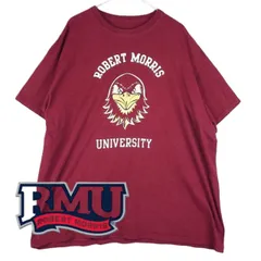 ◎肩幅59cm◎【カレッジロゴ】ROBERT MORRIS UNIVERSITY ロバートモリス大学 チーム 両面プリント　アーチロゴ 半袖Tシャツ　XLサイズ　ボルドーレッド【湘南倉庫】USメンズ古着　ビッグサイズ　ゆるだぼ　T19